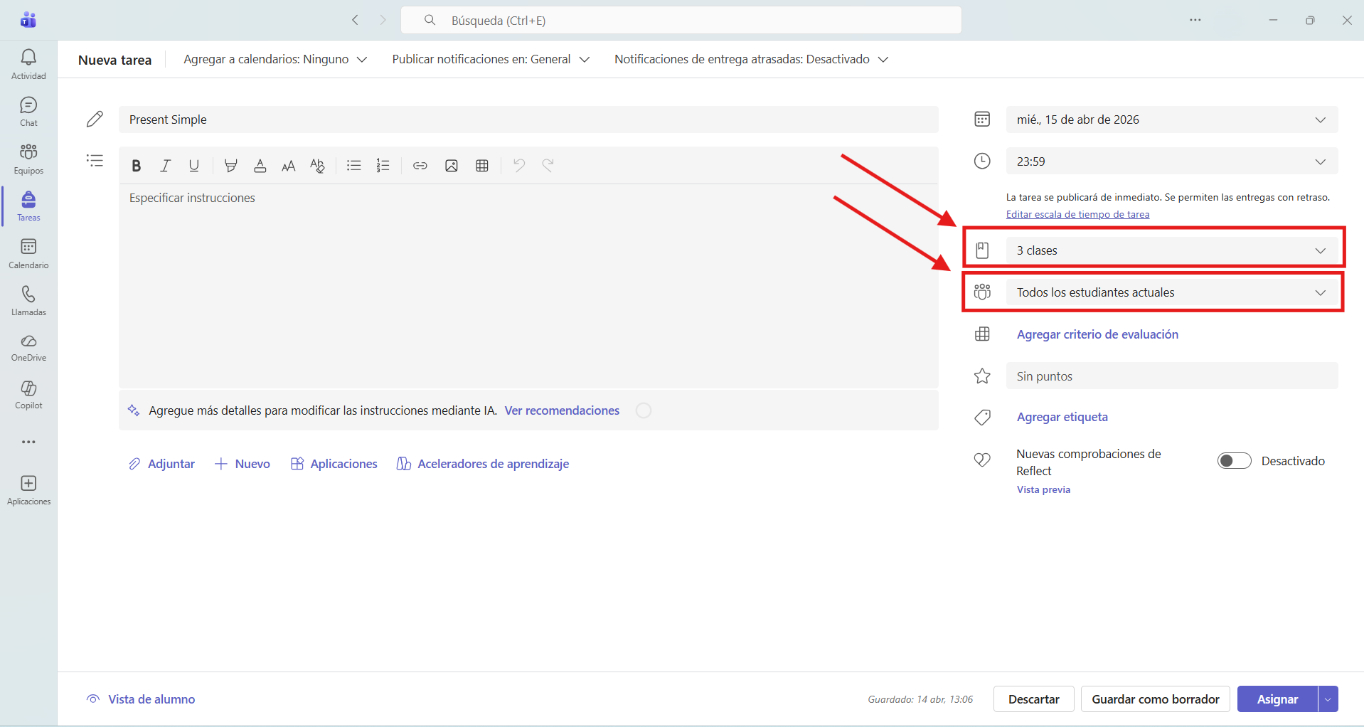Captura de pantalla que muestra como seleccionar a varios grupos/clases con todos sus alumnos en Microsoft Teams