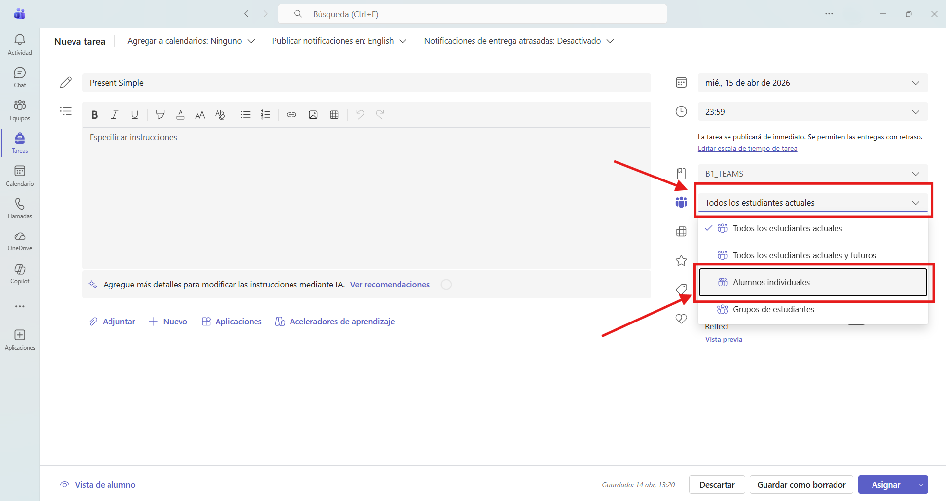 Captura de pantalla que muestra cómo seleccionar a varios alumnos individualmente dentro de un grupo/clase en Microsoft Teams
