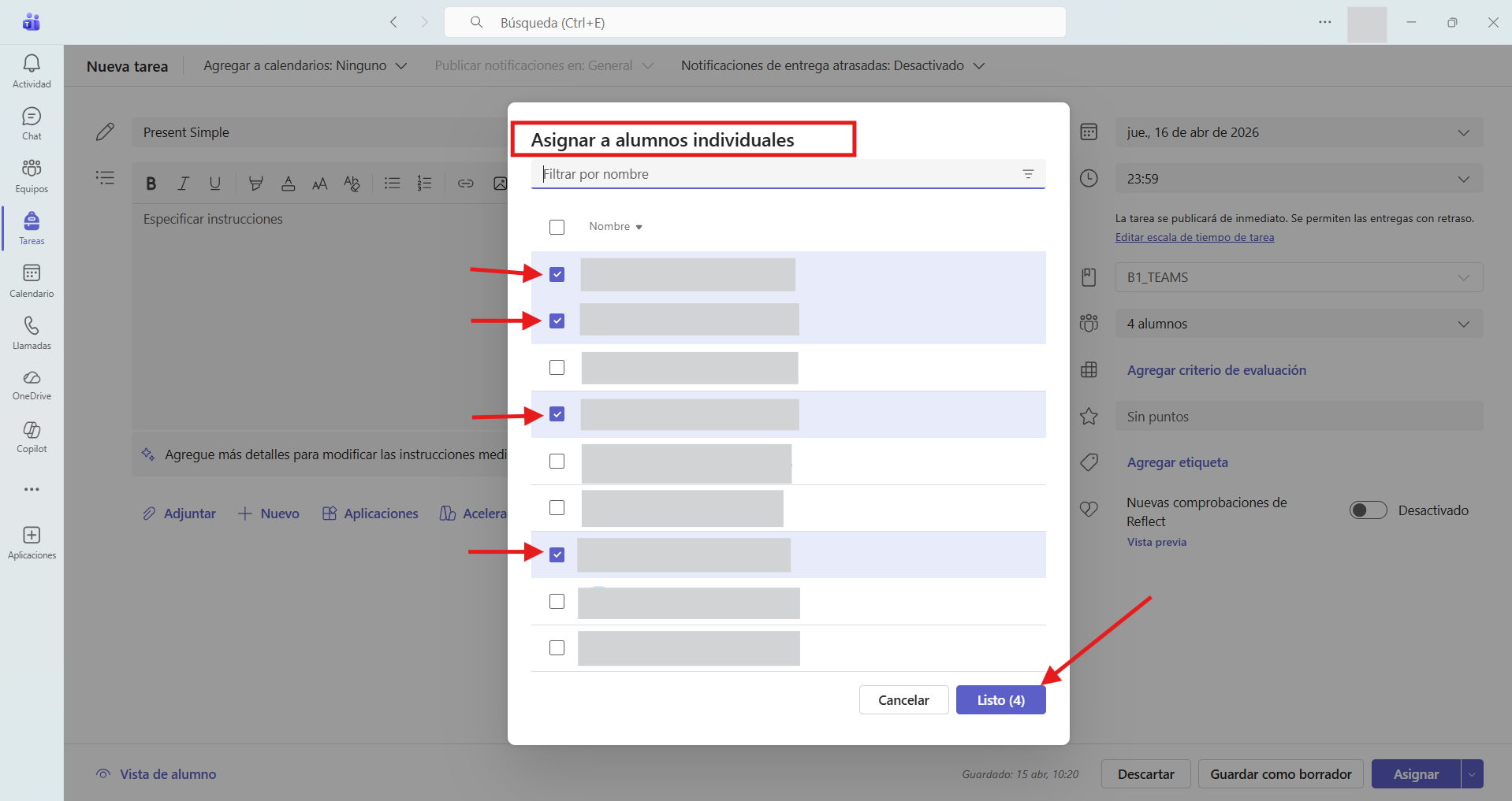 Captura de pantalla que muestra cómo seleccionar y confirmar el alumnado al que se le asignará la tarea en Microsoft Teams