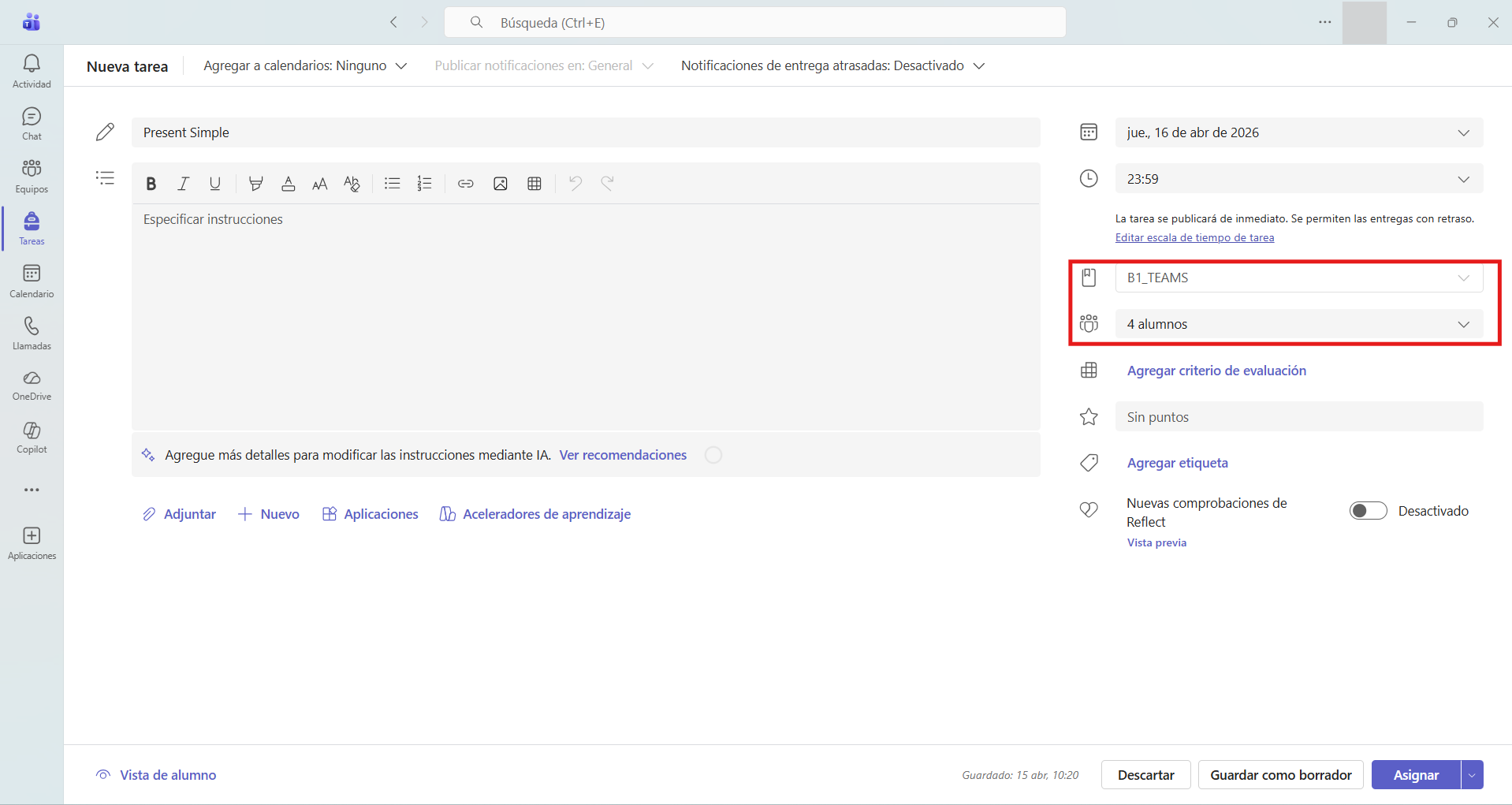 Captura de pantalla que muestra la selección definitiva de alumnado al que se asignará la tarea individualmente en Microsoft Teams.