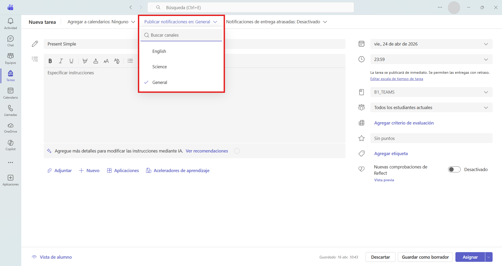 Captura de pantalla que muestra cómo seleccionar el canal en el que publicar la tarea en Microsoft Teams.