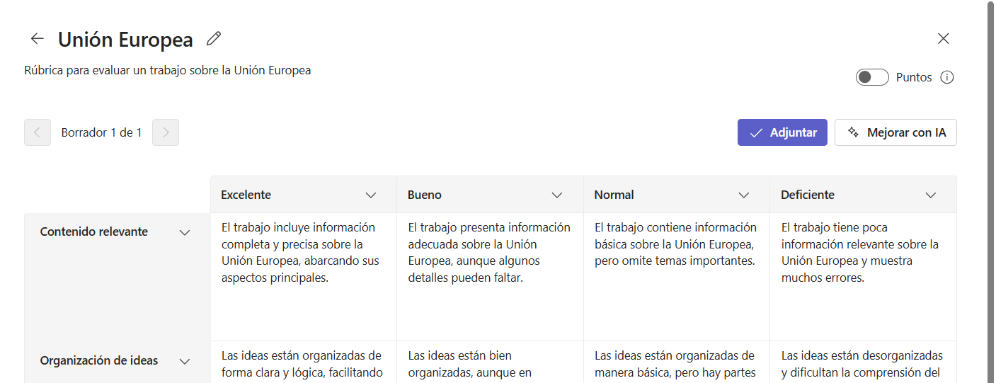 Captura de pantalla que muestra cómo una rúbrica en Microsoft teams