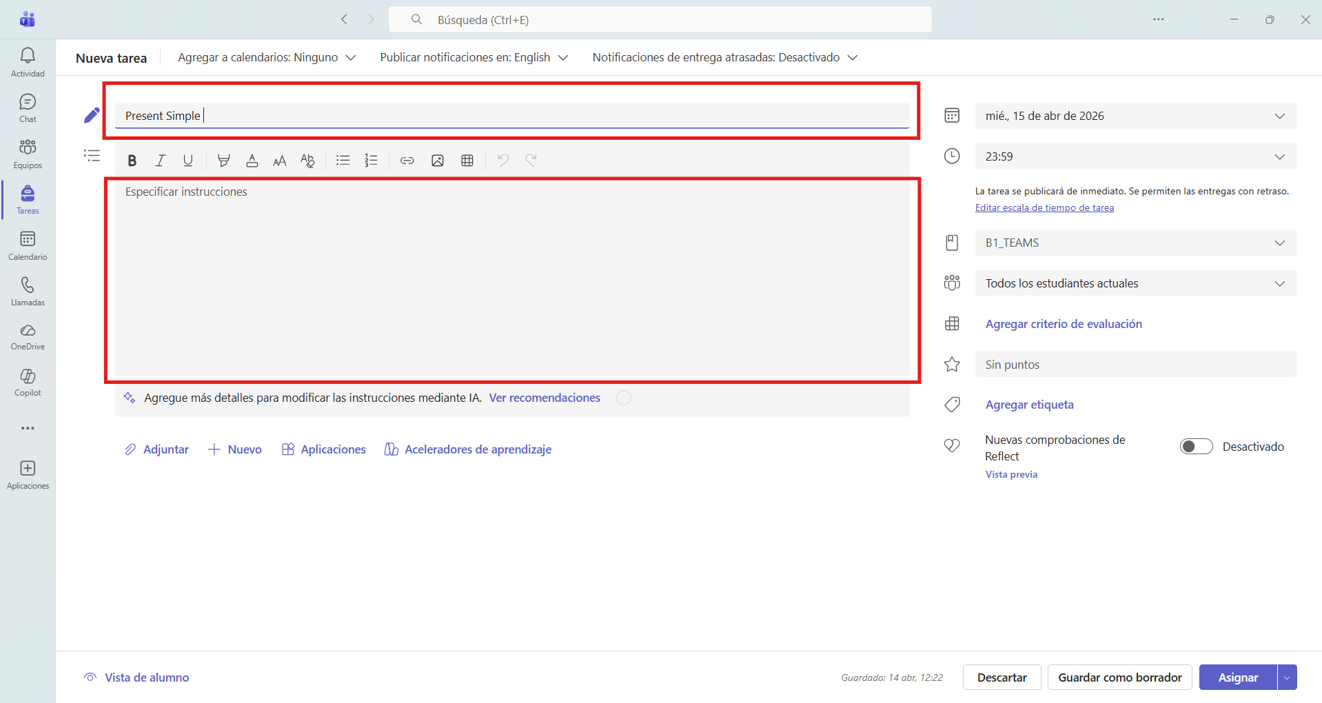 Captura de pantalla donde se muestra dónde escribir el título de una nueva tarea en Microsoft Teams