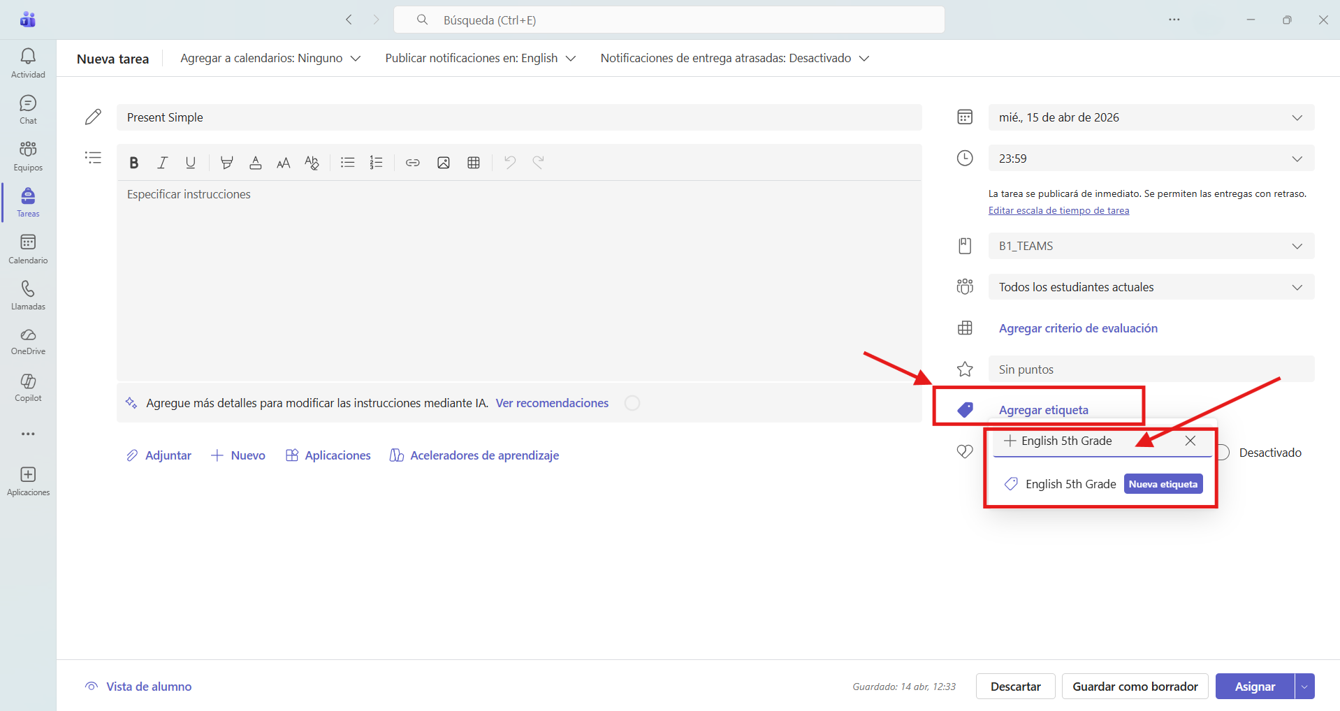 Captura de pantalla donde se muestra como agregar una etiqueta a una tarea en Microsoft Teams