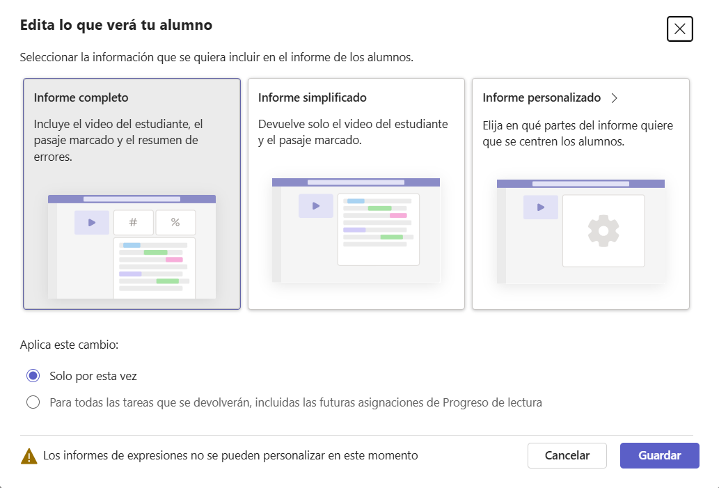 Captura de pantalla que muestra las opciones para el informe que se enviará al alumnado
