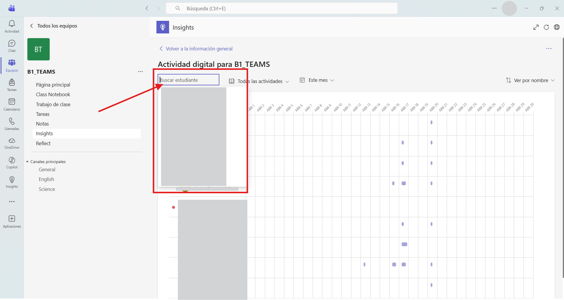 Captura de pantalla que muestra cómo activar el filtro de alumno en la aplicación Insights. 