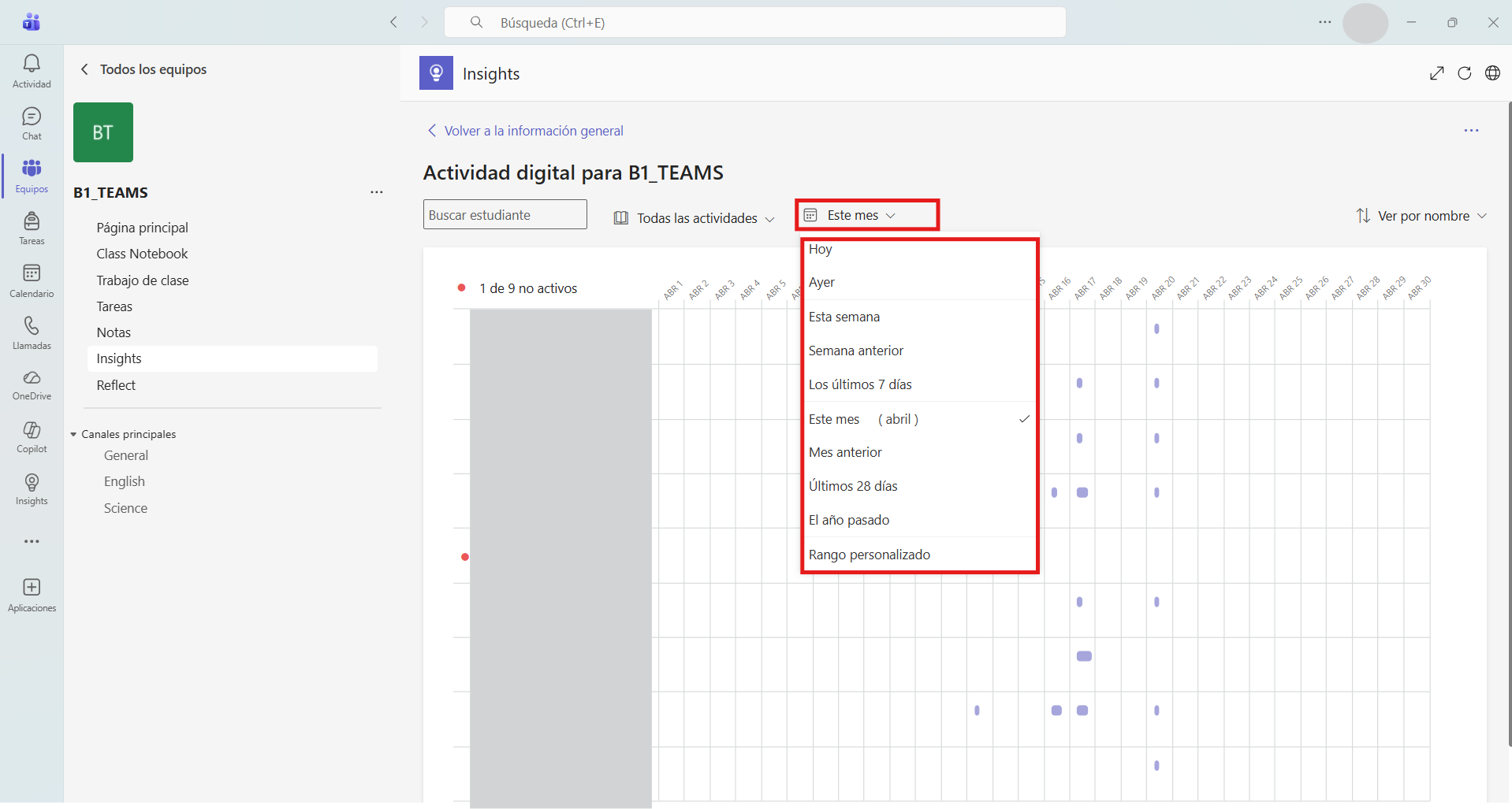 Captura de pantalla que muestra cómo activar el filtro de tiempo en Insights