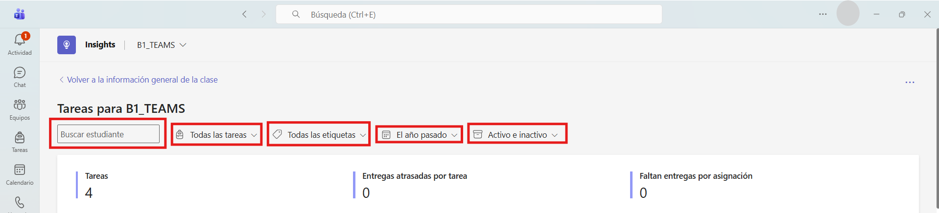 Captura de pantalla que muestra el filtrado de datos en el apartado de Tareas de Insights.