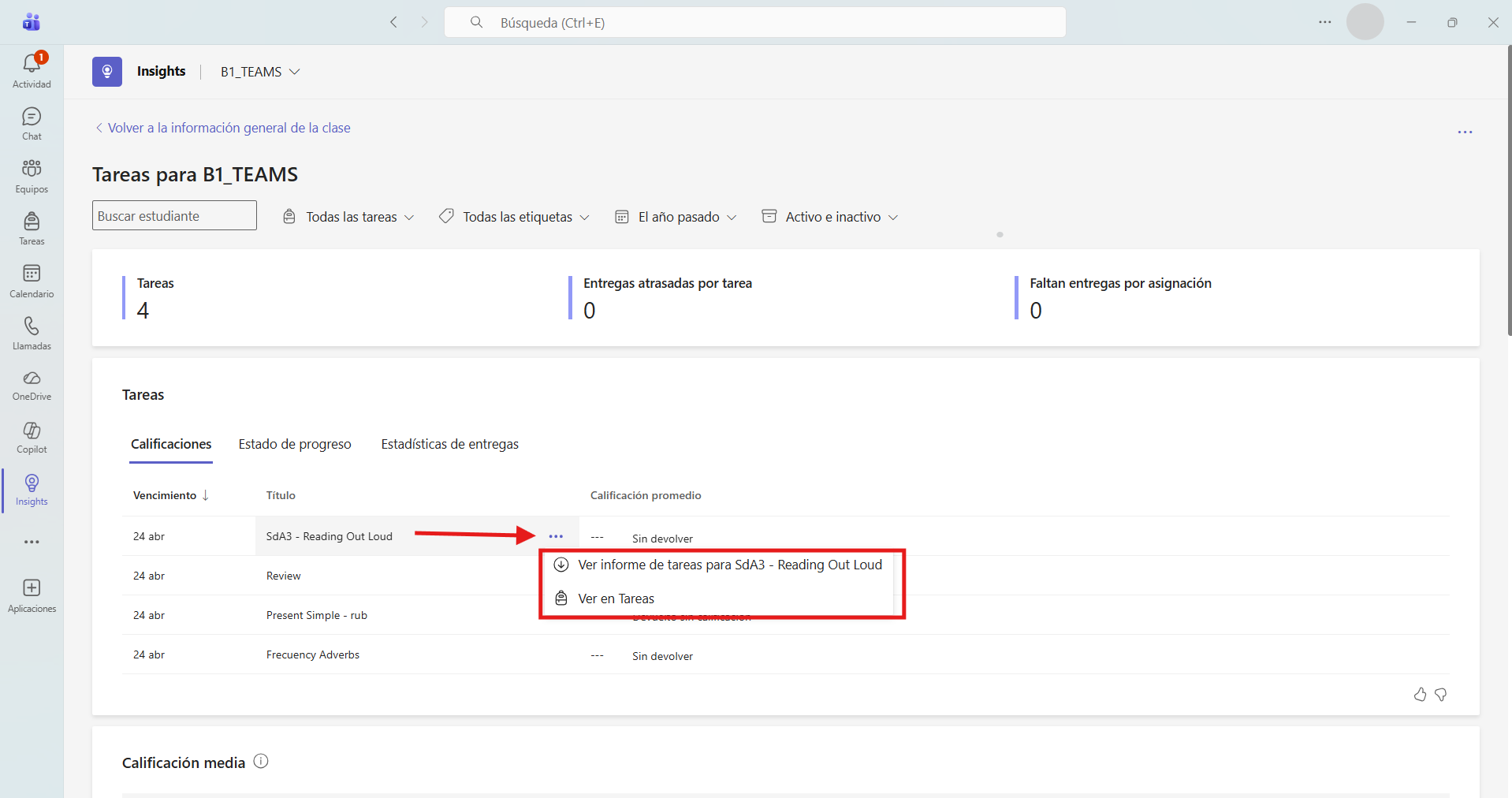 Captura de pantalla que muestra cómo acceder al informe de una tarea en Insights