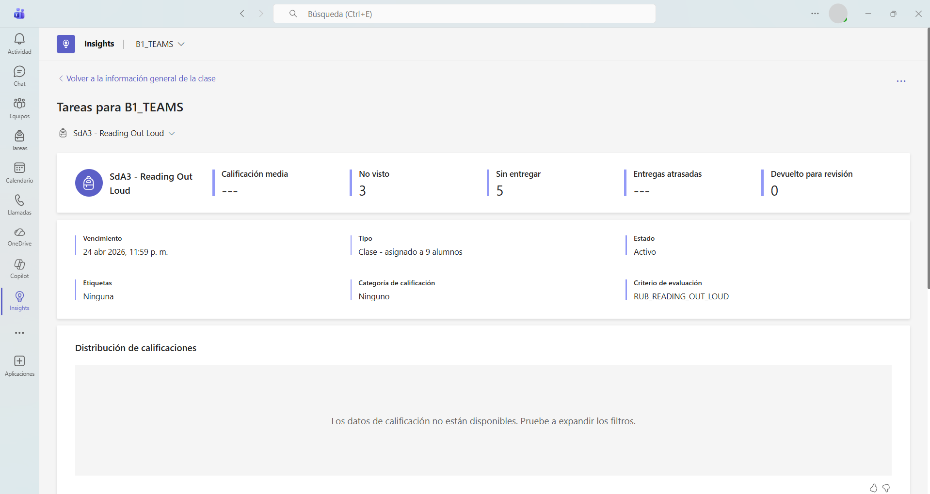 Captura de pantalla que muestra el informe de una tarea en Insights