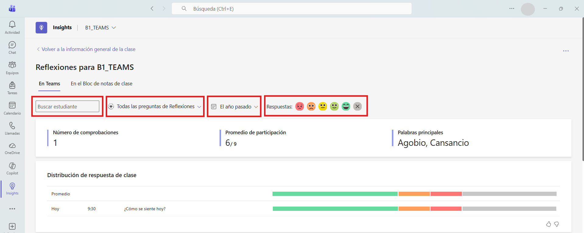 Captura de pantalla para explicar el filtrado de datos en el panel de Reflexiones de Insights en Teams