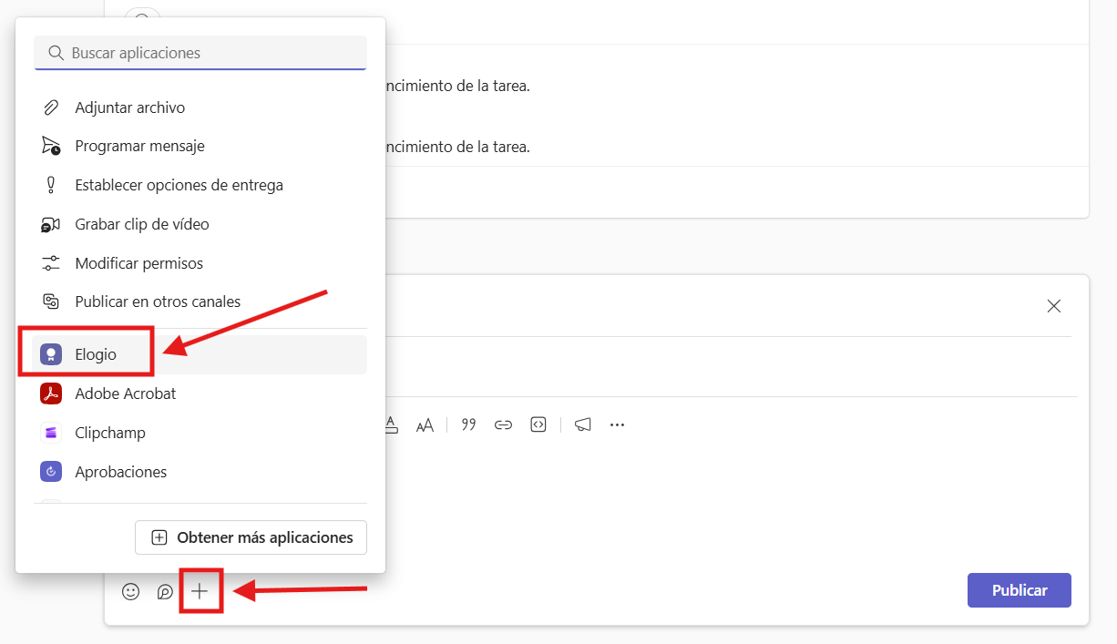 Captura de pantalla que muestra cómo acceder a Elogios desde la pestaña de publicaciones de un equipo/clase en Microsoft Teams