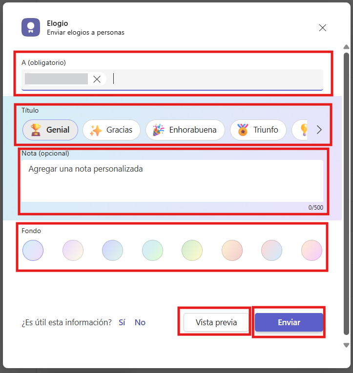 Captura de pantalla que muestra los campos del elogio para enviar a un/os miembro/s del equipo o clase en Microsoft Teams.