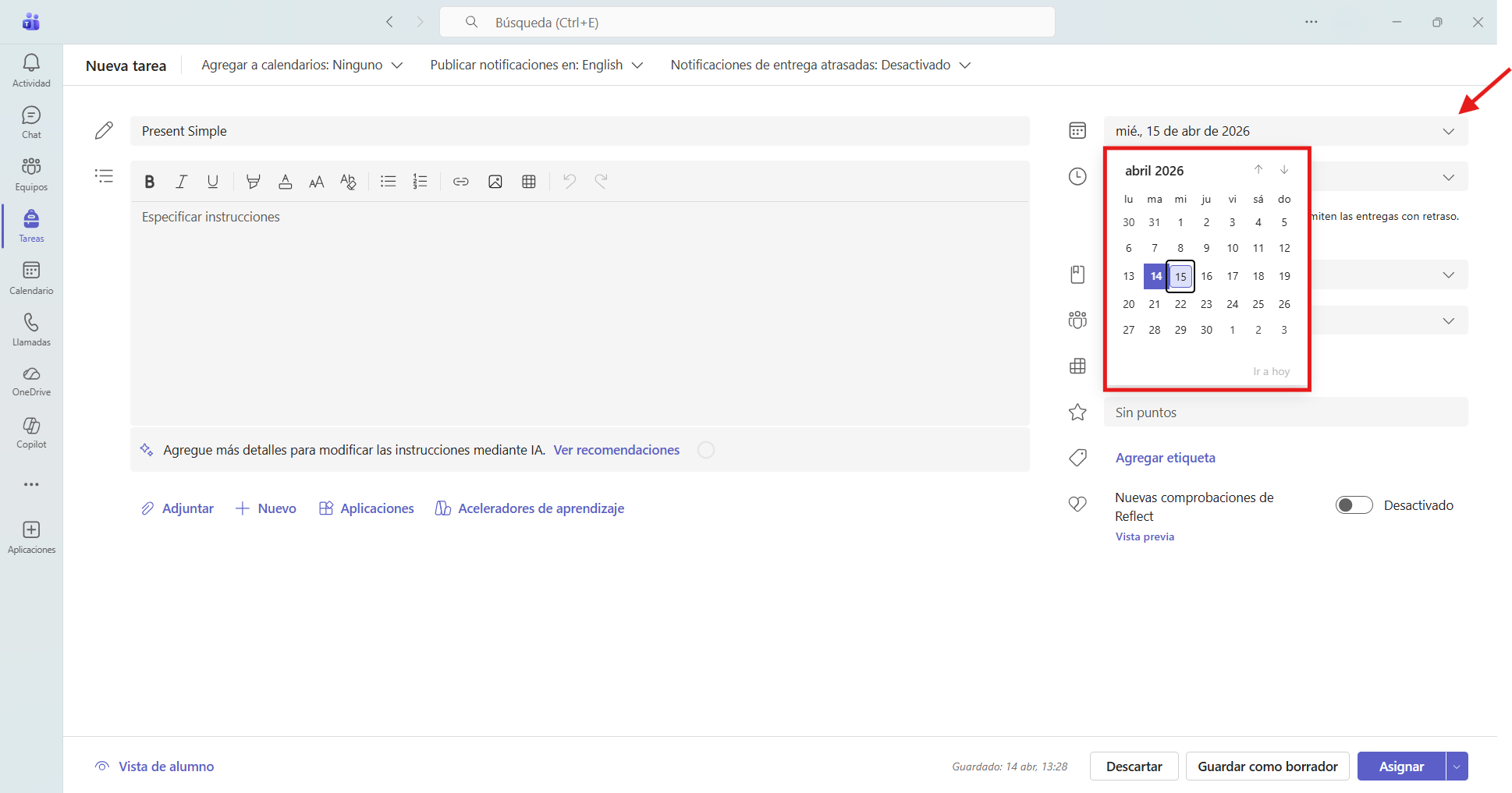 Captura de pantalla que muestra cómo seleccionar la fecha de vencimiento de una tarea en Microsoft Teams