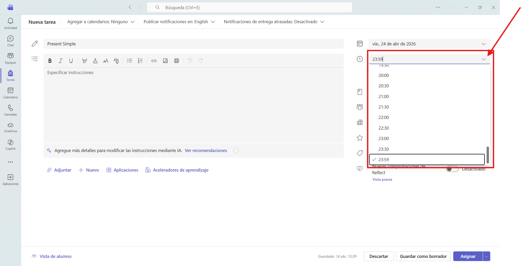 Captura de pantalla que muestra como seleccionar la hora límite para entregar una tarea en Microsoft Teams
