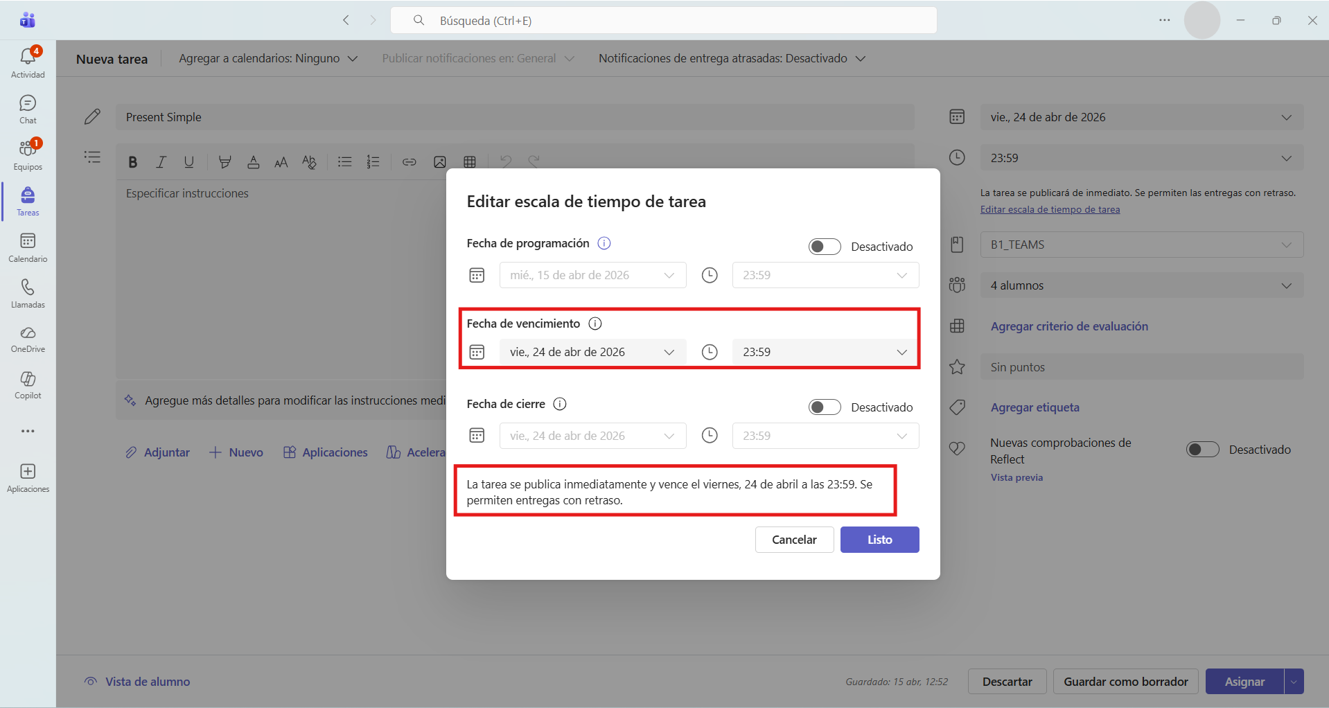 Captura de pantalla que muestra cómo editar el vencimiento de la tarea permitiendo entregas con retraso sin límite de tiempo
