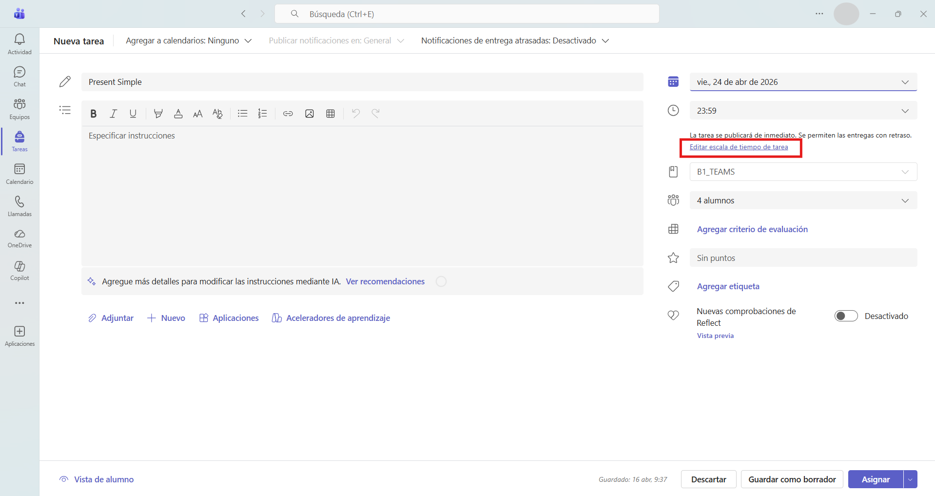Captura de pantalla que muestra cómo editar la escala de tiempo de una tarea