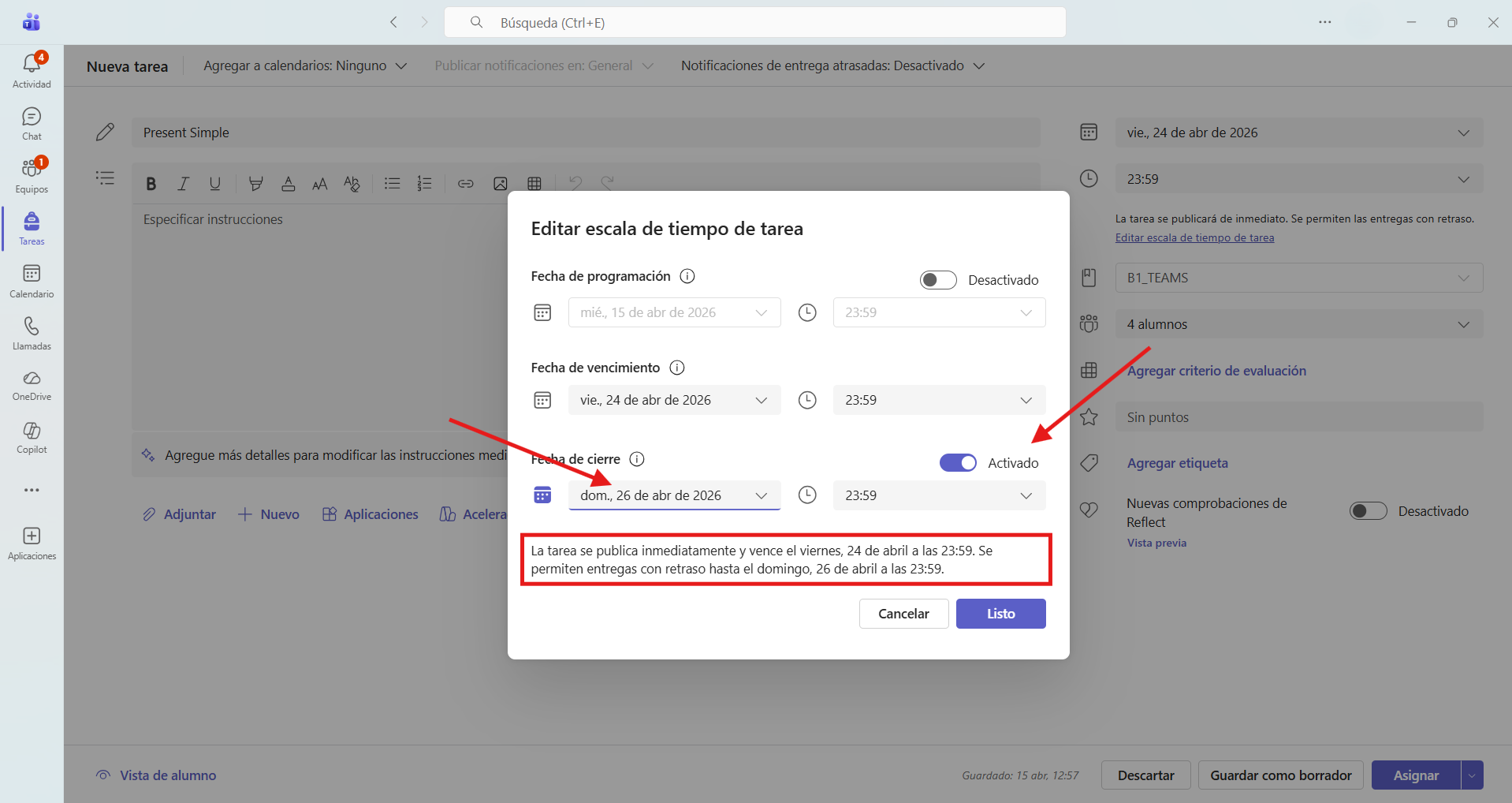 Captura de pantalla que muestra cómo limitar la entrega de tareas con retraso en Microsoft Teams.