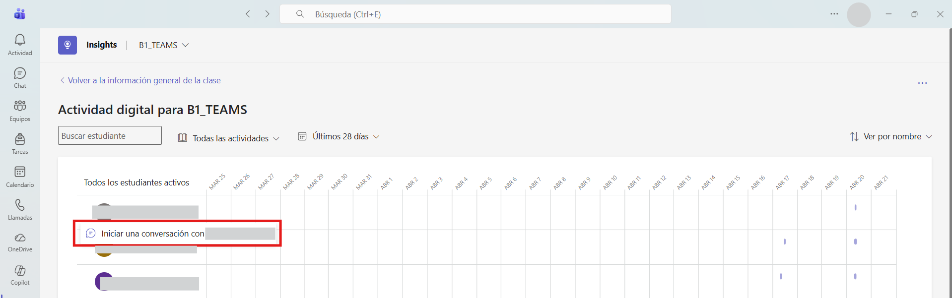 Captura de pantalla que muestra cómo enviar un mensaje de retroalimentación sobre la actividad digital al alumnado a través de Insights.