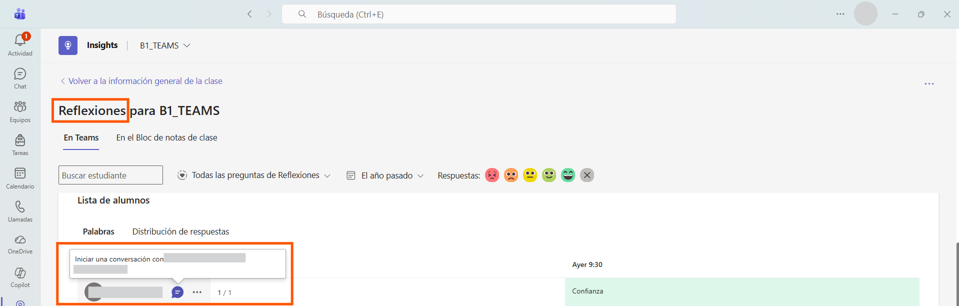 Captura de pantalla que muestra cómo enviar un mensaje de retroalimentación a un alumno desde el panel de Reflexiones de Insights de Teams