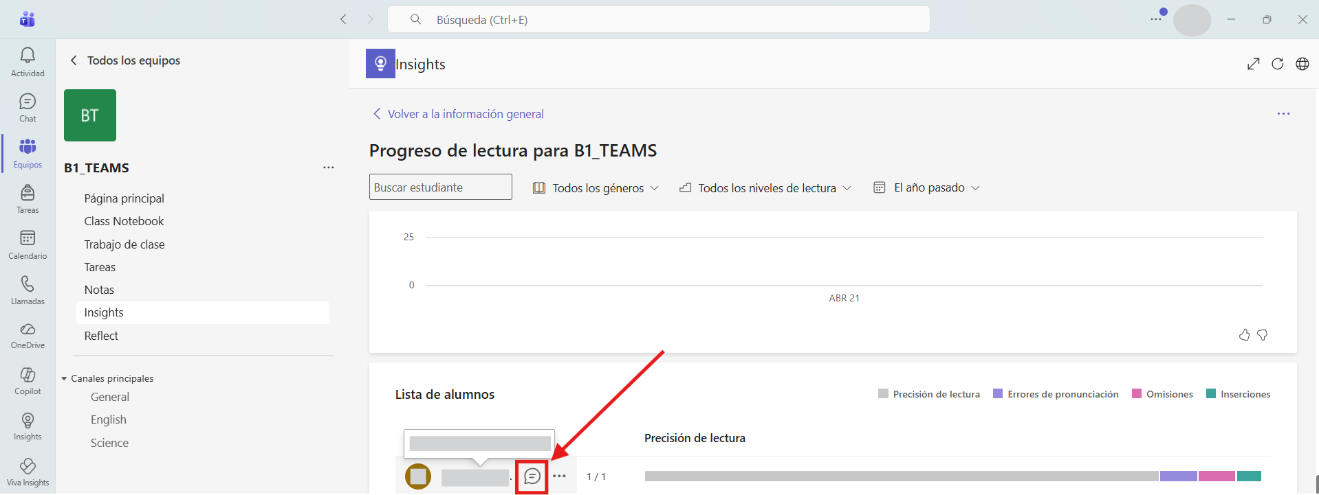 Captura de pantalla que muestra cómo enviar un mensaje de retroalimentación a un alumno desde el panel de 