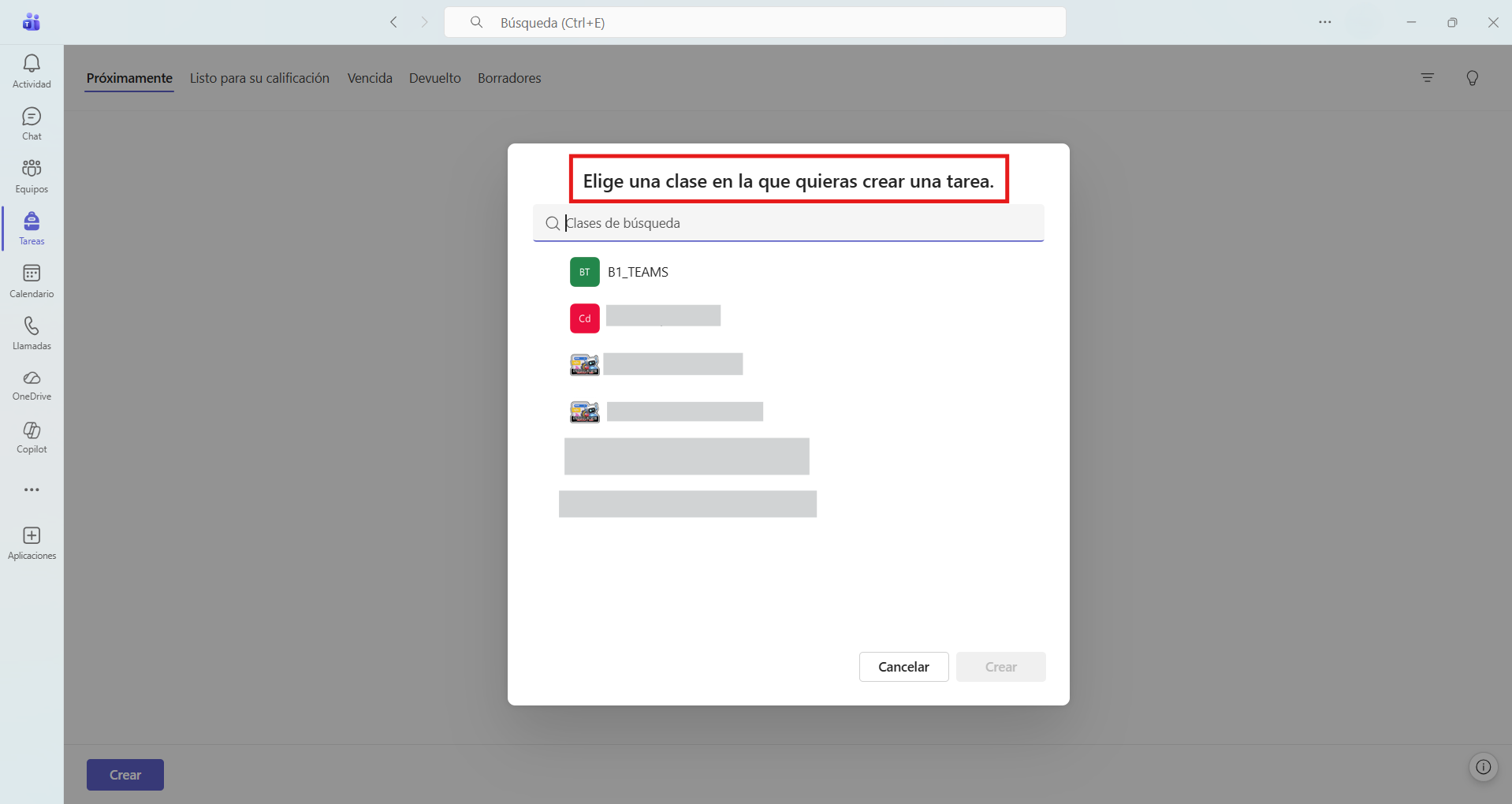 Captura de pantalla que muestra cómo elegir un grupo en el que crear una tarea en Microsoft Teams. 