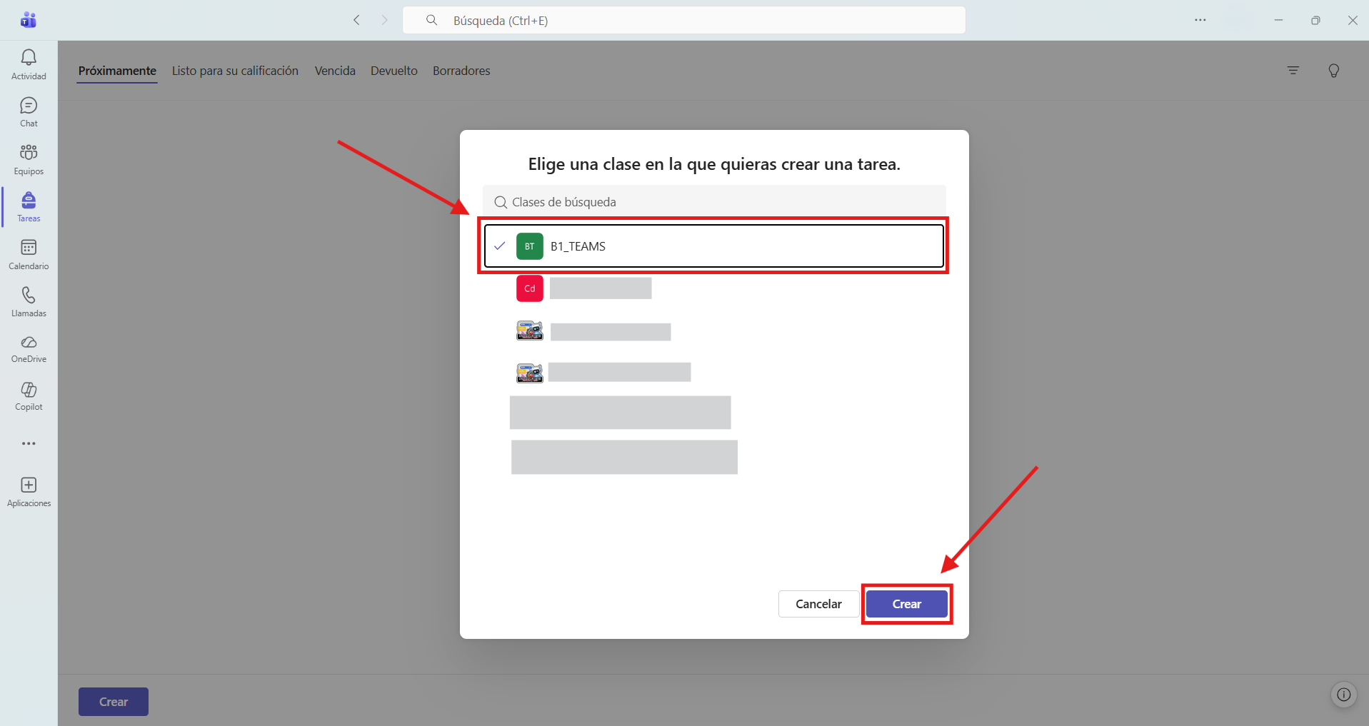Captura de pantalla que muestra cómo elegir grupo o clase en Microsoft Teams