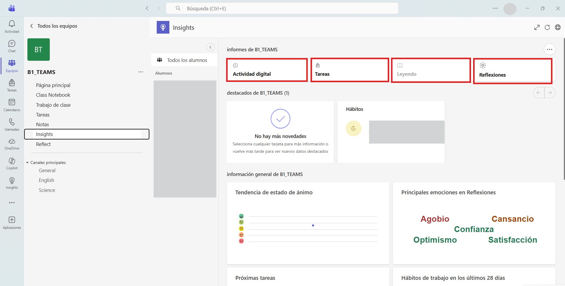 Captura de pantalla que muestra las diferentes categorías para filtrado de datos en Insights