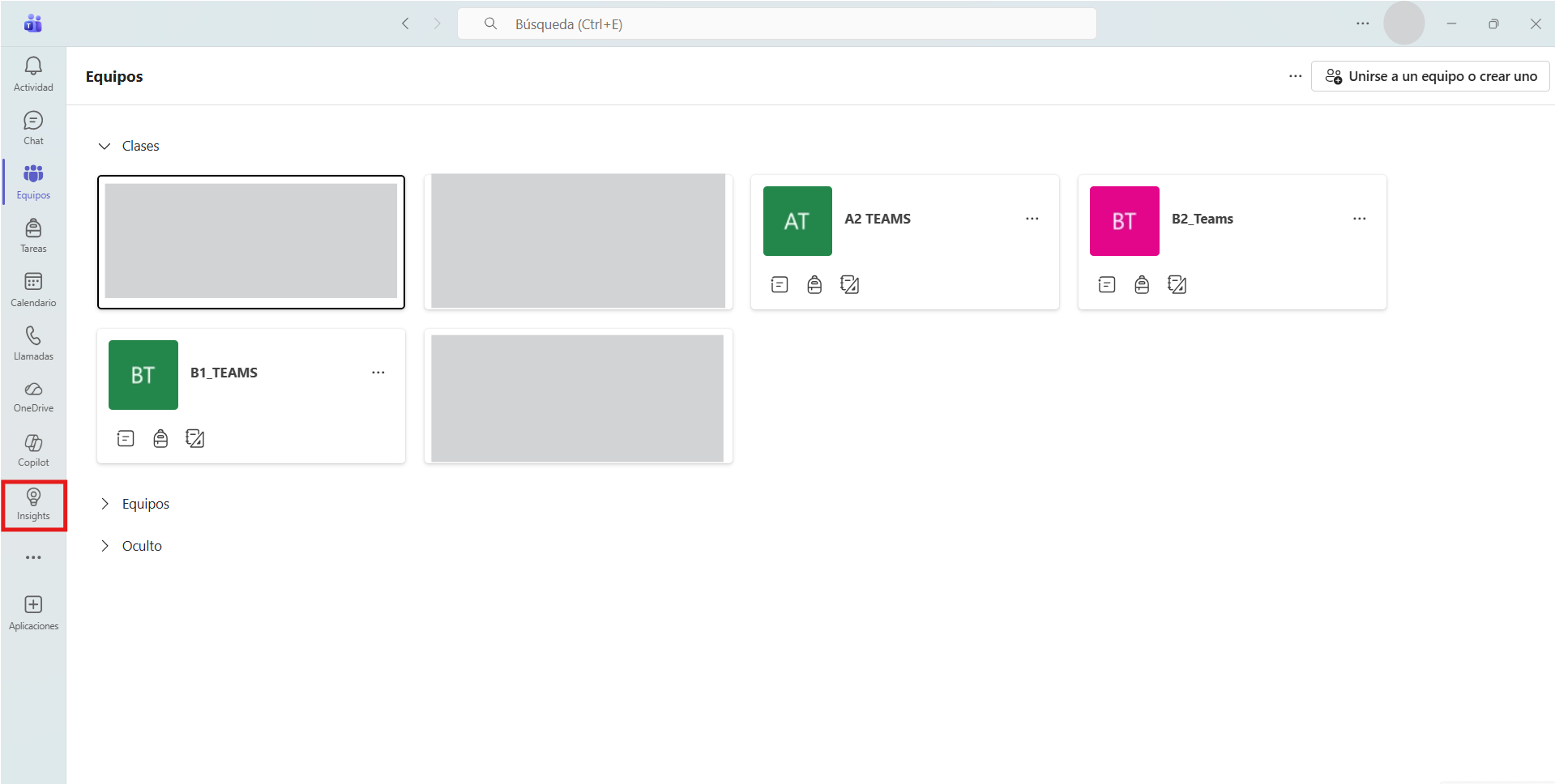 Captura de pantalla explicativa para el acceso a Insights dentro de Microsoft Teams