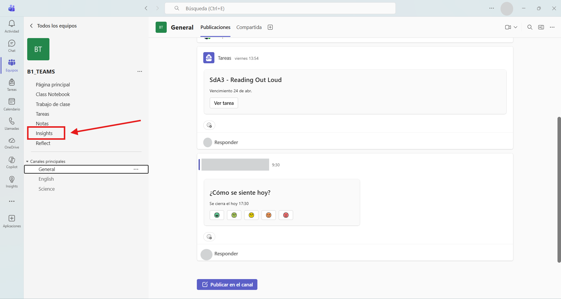 Captura de pantalla para explicar el acceso a Insights desde el menú de un equipo/clase en Microsoft Teams