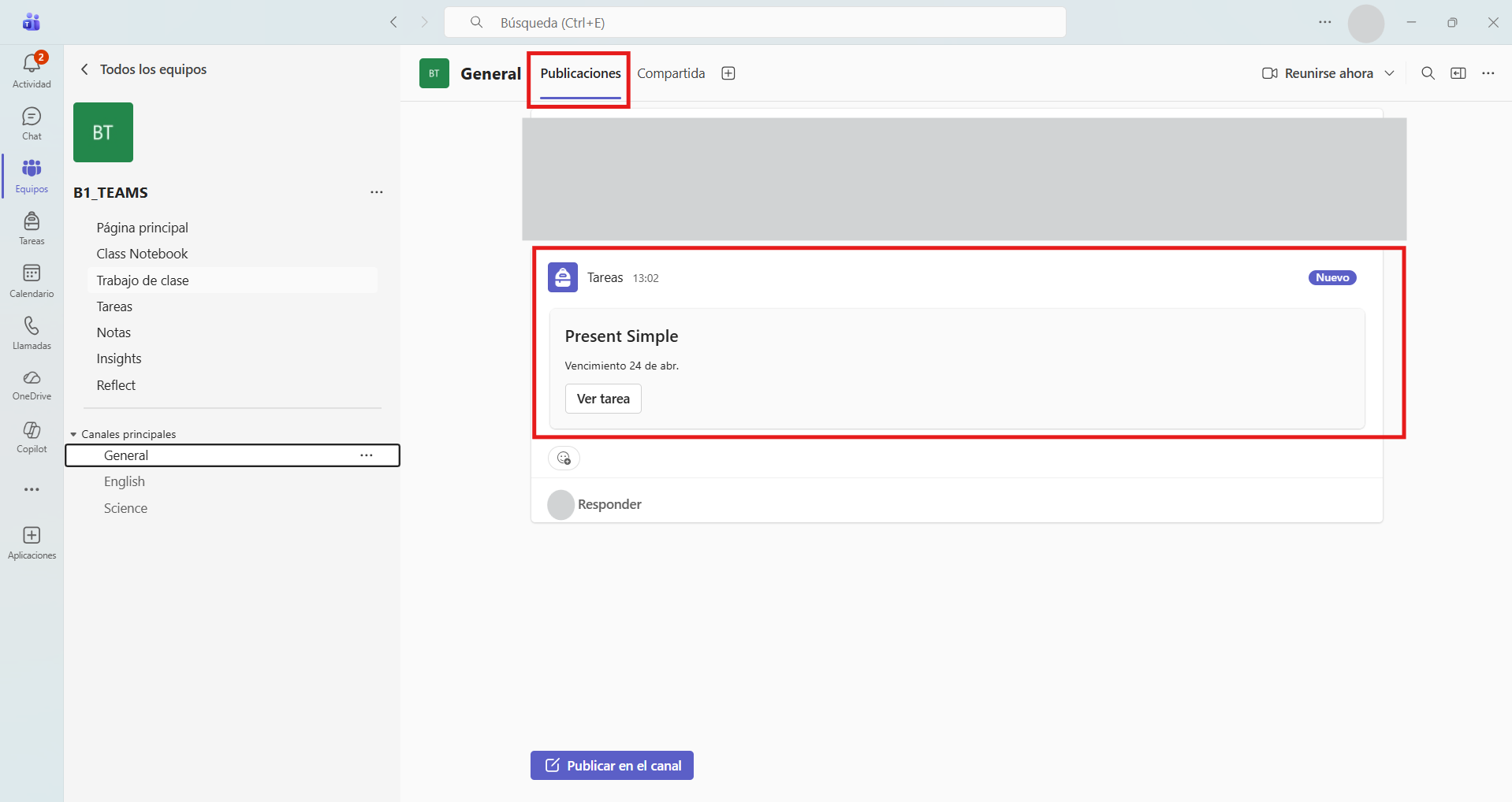 Captura de pantalla en la que se muestra cómo se visualiza una tarea publicada en un equipo en Microsoft Teams.