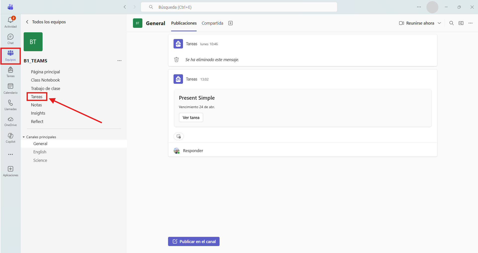 Captura de pantalla que muestra cómo acceder a la sección de tareas de un equipo en Microsoft Teams.