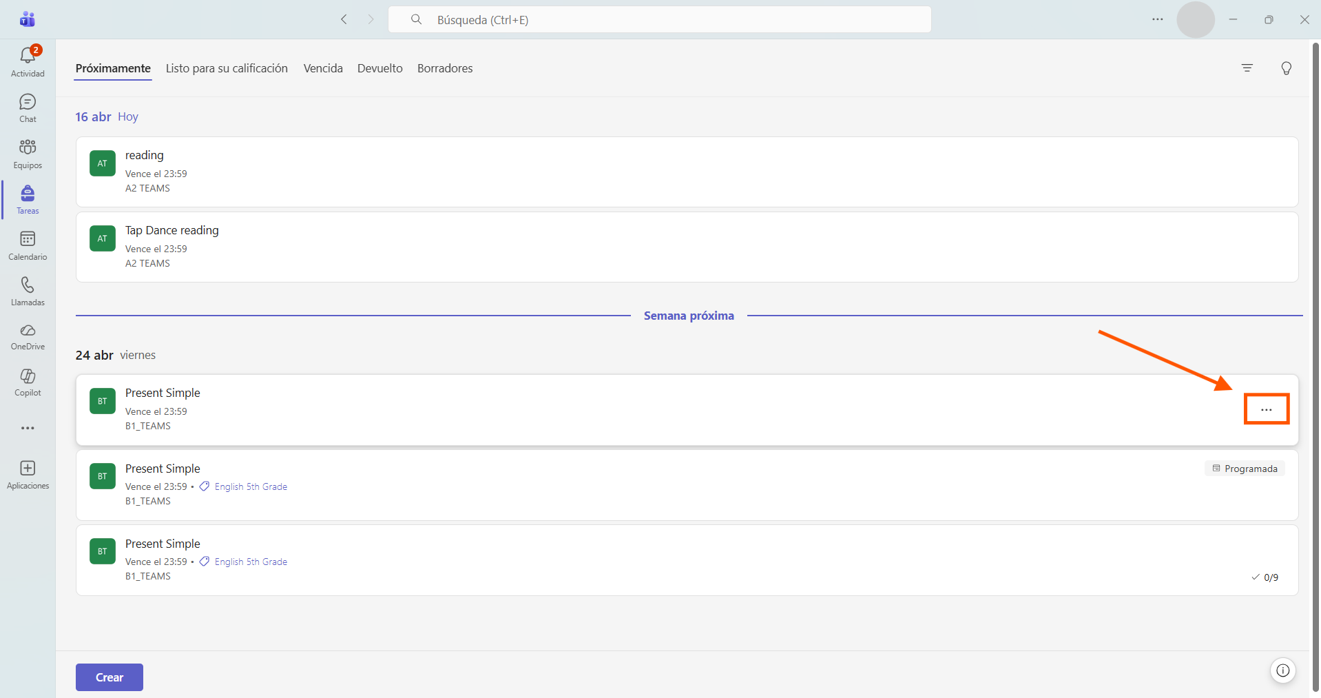 Captura de pantalla que muestra cómo editar una tarea ya publicada en Microsoft Teams.