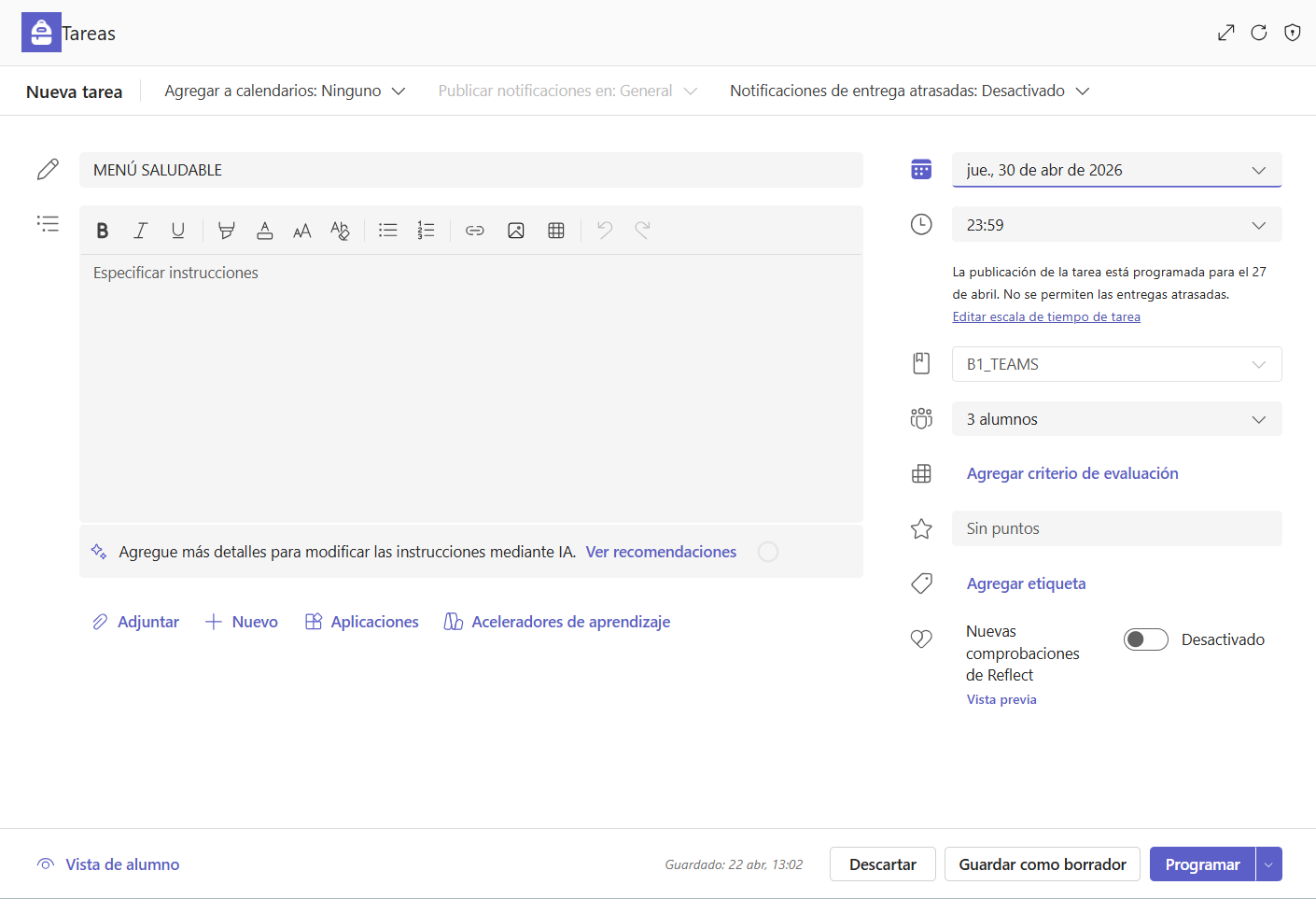 Captura de pantalla que muestra cómo configurar una tarea en Microsoft Teams