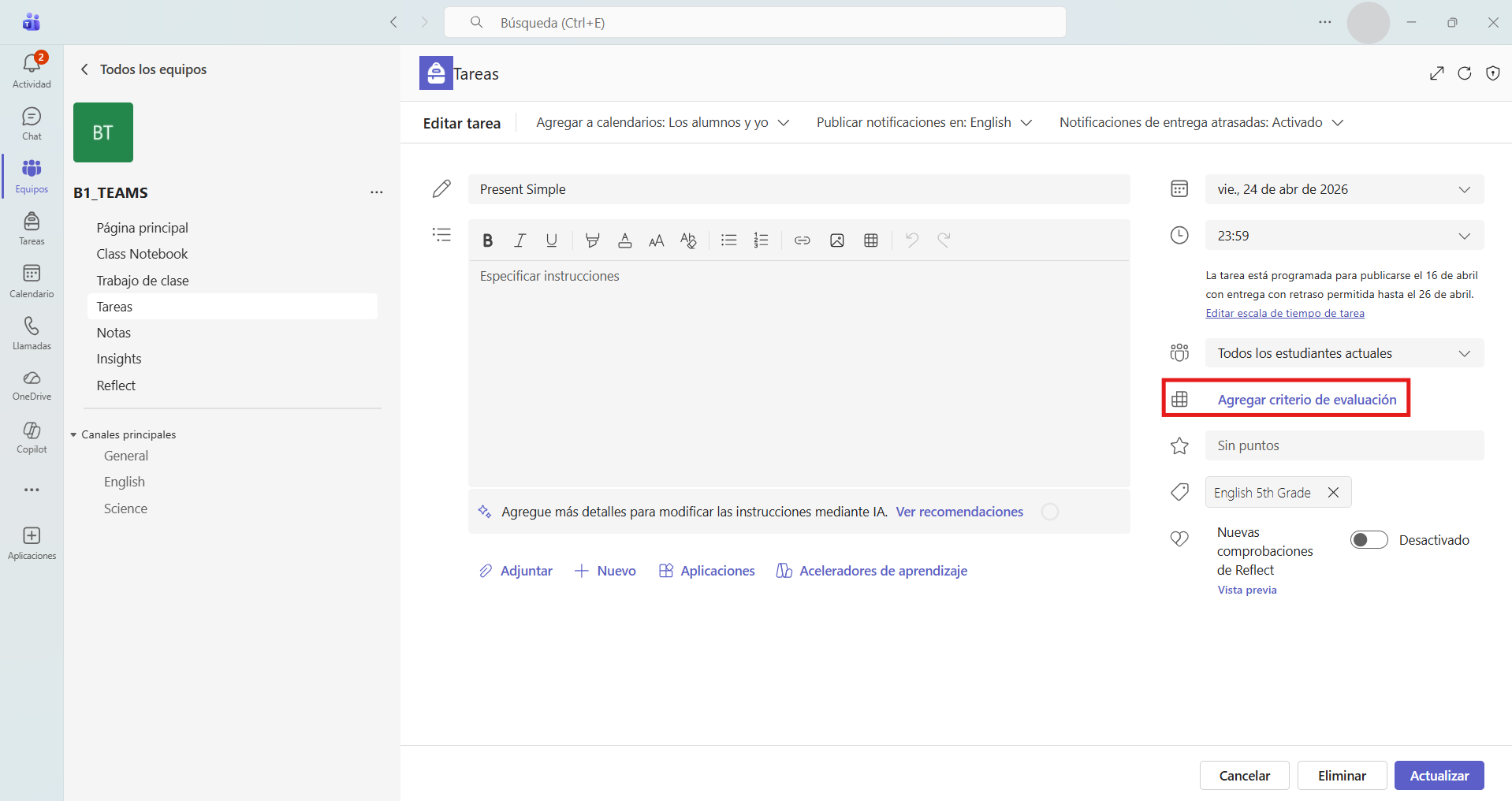 Captura de pantalla que muestra como agregar una rúbrica en una tarea de Microsoft teams