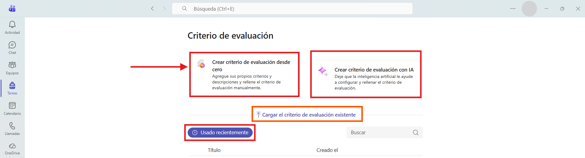 Captura de pantalla que muestra las opciones para agregar un criterio de evaluación en Microsoft Teams