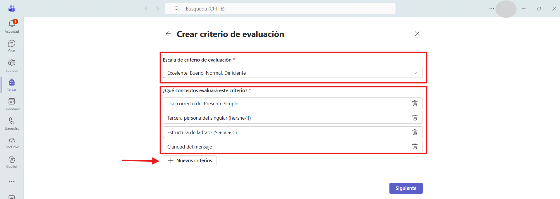 Captura de pantalla que muestra cómo escoger la escala del criterio de evaluación y cómo agregar los criterios de evaluación a la rúbrica en Microsoft Teams