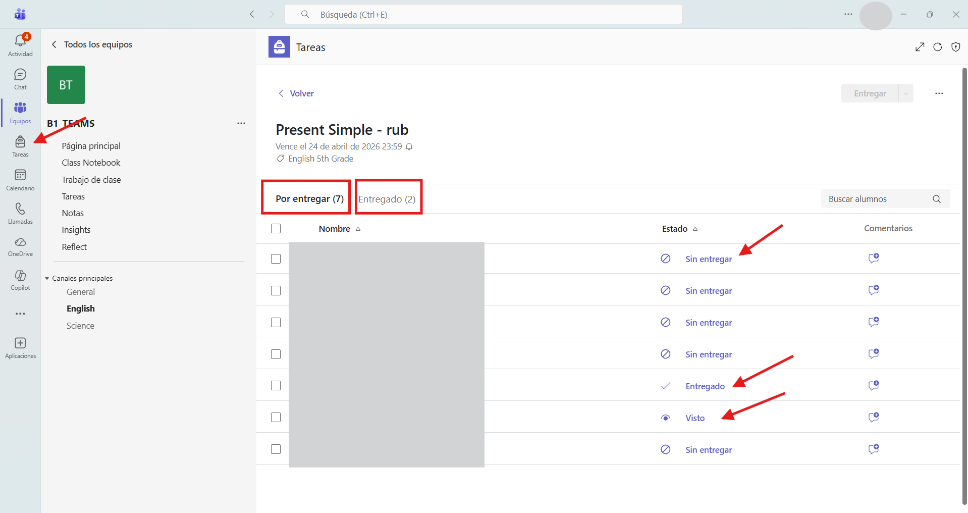 Captura de pantalla que muestra cómo acceder a la tarea para calificar al alumnado en Microsoft Teams.