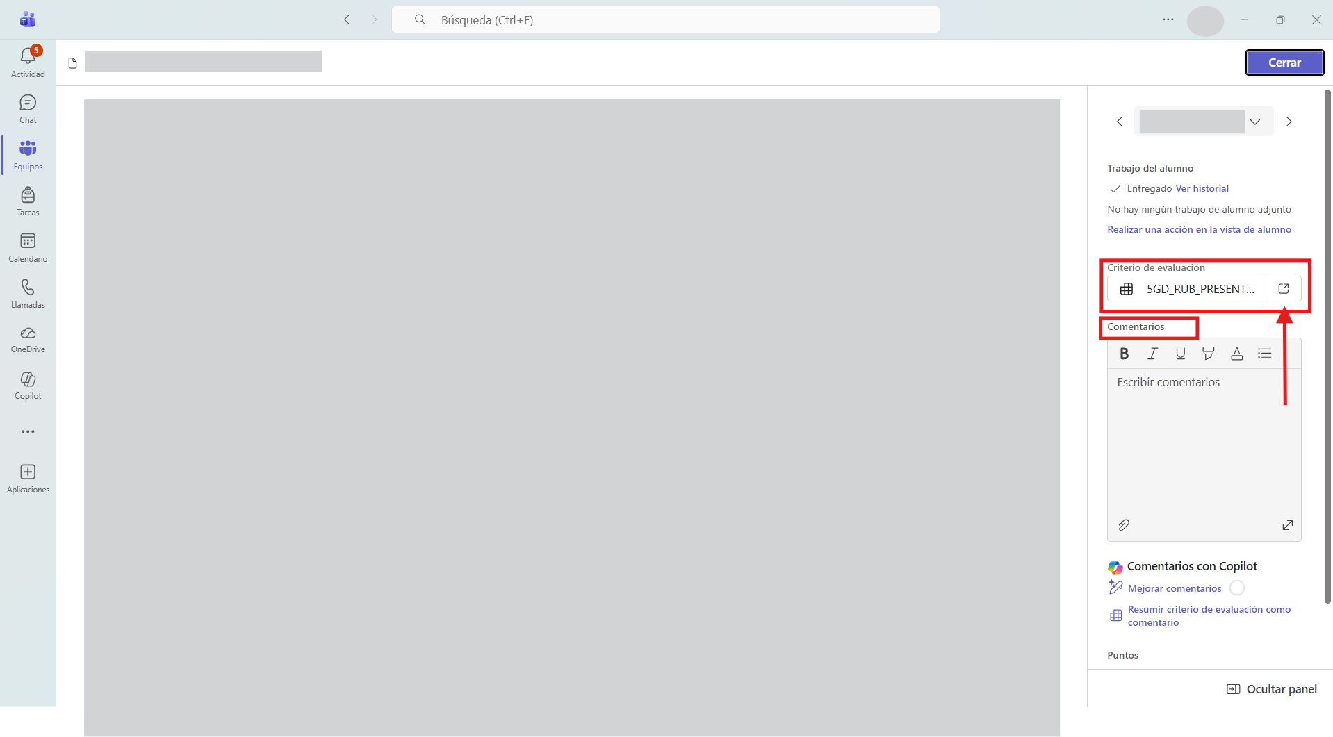 Captura de pantalla que muestra cómo acceder a la rúbrica para evaluar una tarea en Microsoft Teams. 