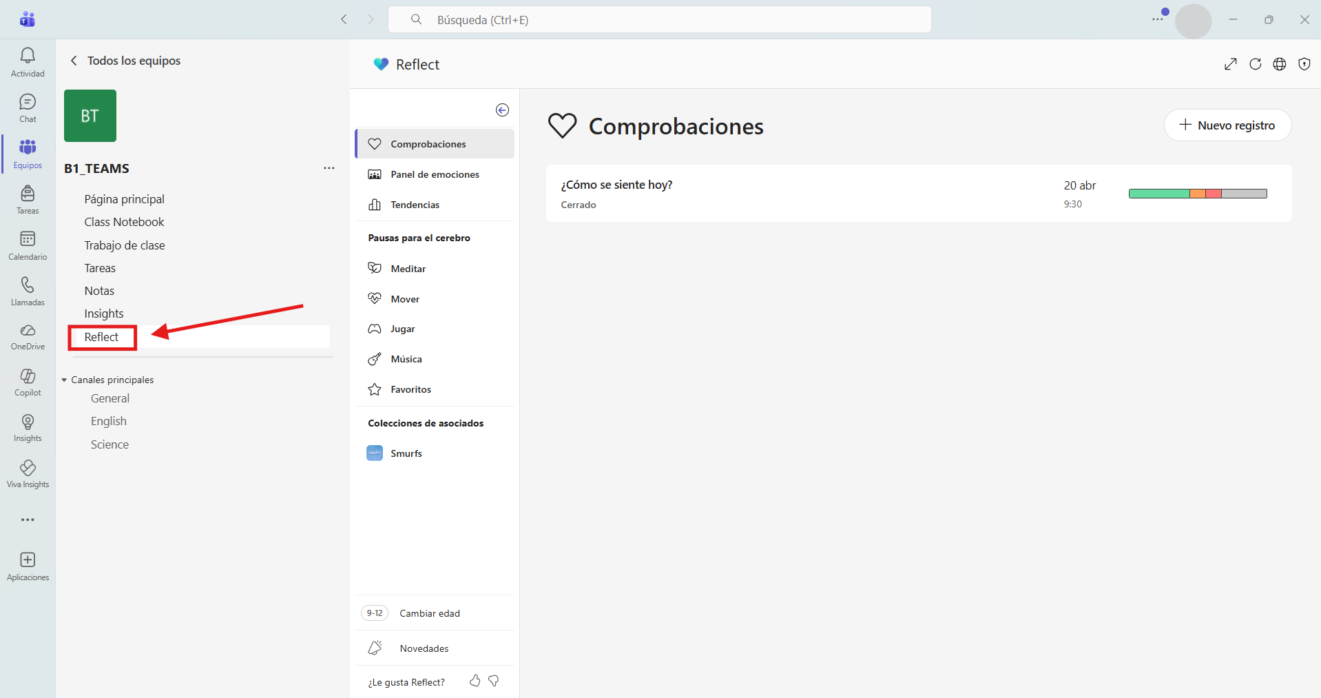 Captura de pantalla que muestra cómo se visualiza Reflect al acceder en Microsoft Teams