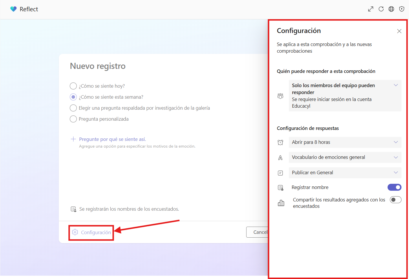 Captura de pantalla que muestra la pestaña de configuración de un nuevo registro en Reflect. 