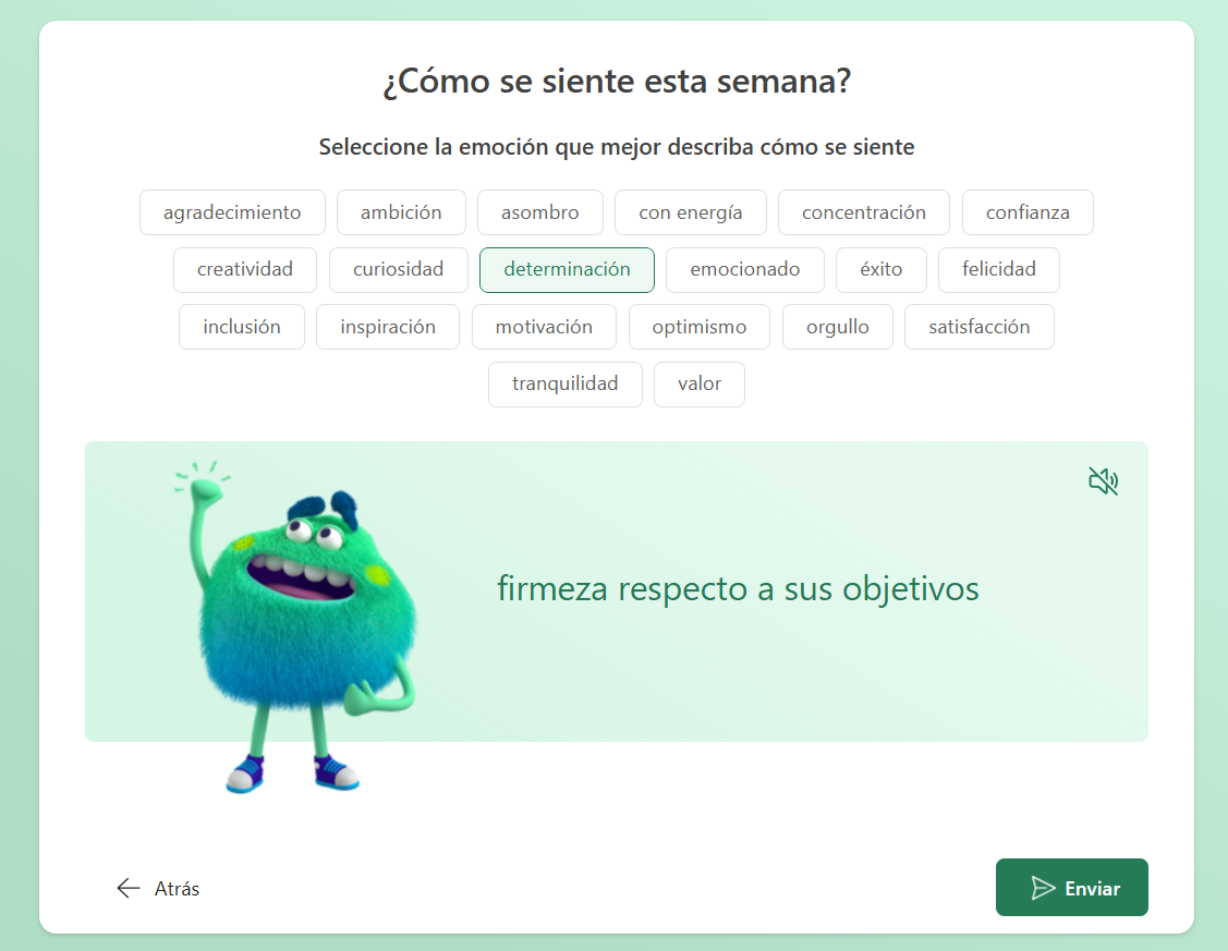 Captura de pantalla que muestra las emociones entre las que puede elegir el alumnado en Reflect.