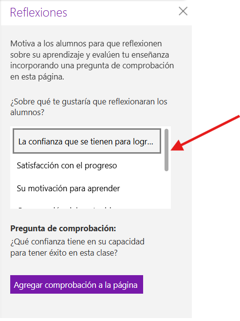 Captura de pantalla que muestra el menú lateral para configurar la reflexión desde Class Notebook.