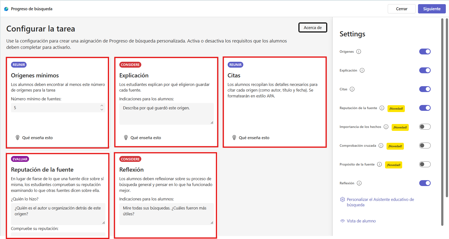 Captura de pantalla que muestra la configuración inicial de Progreso de búsqueda