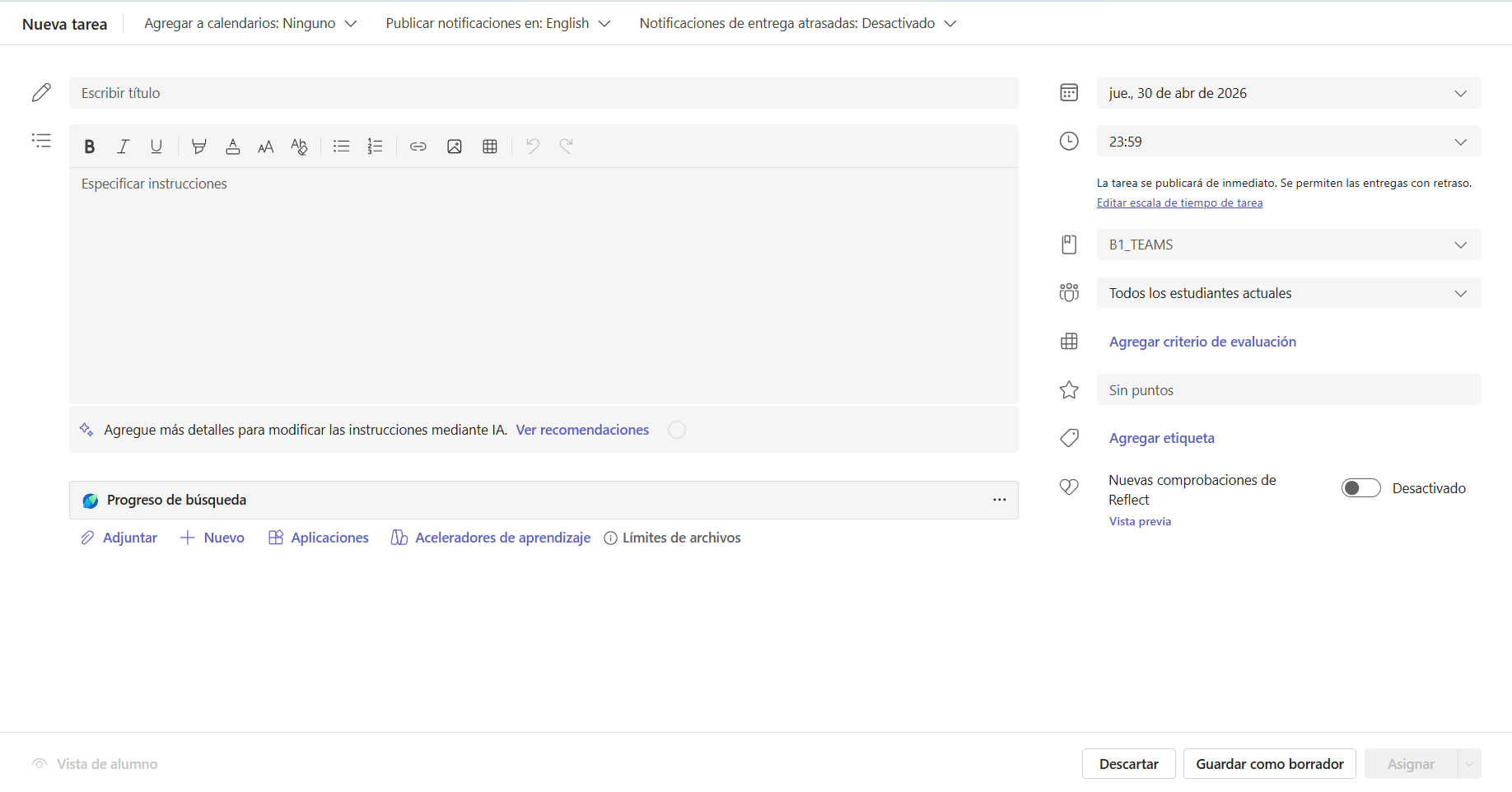 Captura de pantalla que muestra la configuración general de una tarea en Teams.