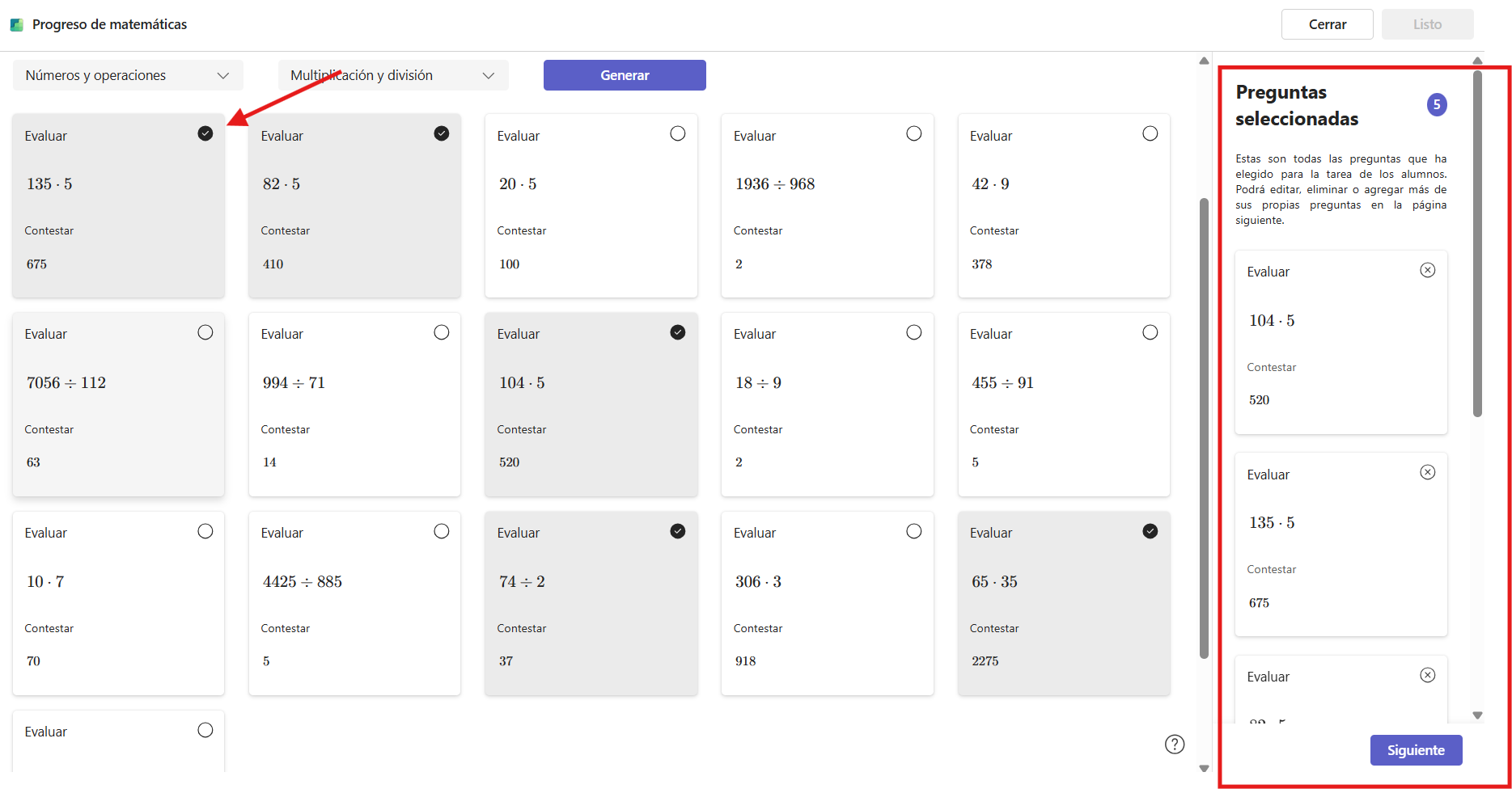 Captura de pantalla que muestra los ejercicios para seleccionar una vez generados en 