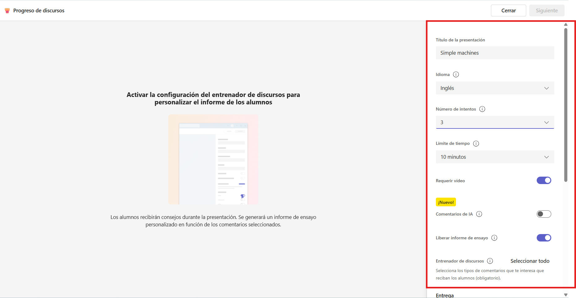 Captura de pantalla que muestra la configuración de la tarea 