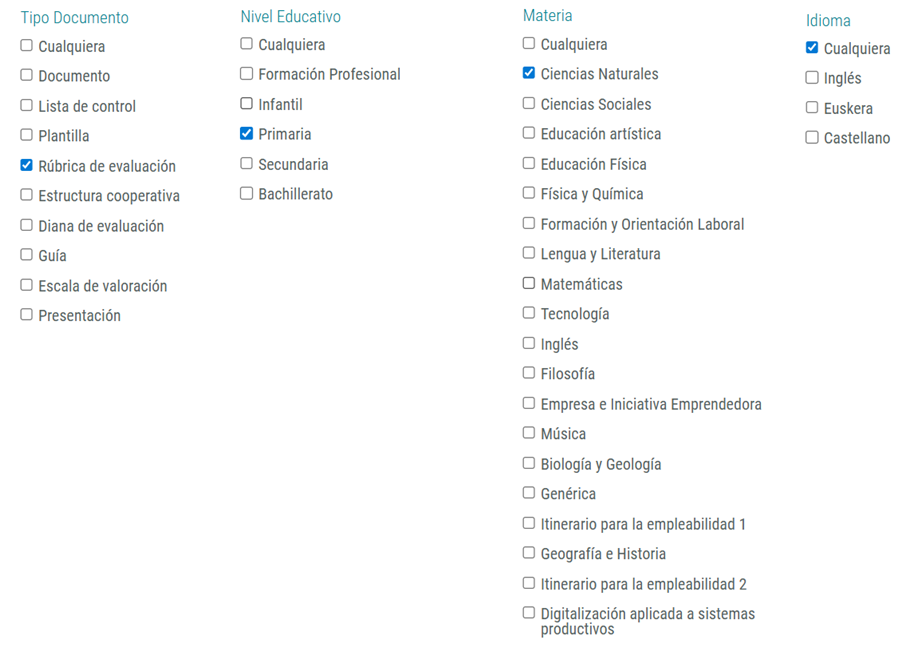 Filtros de búsqueda en el banco de rúbricas del CEDEC