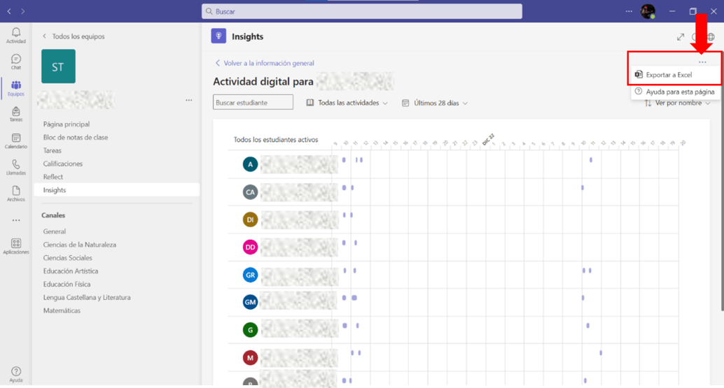 Captura exportar a excel Insights