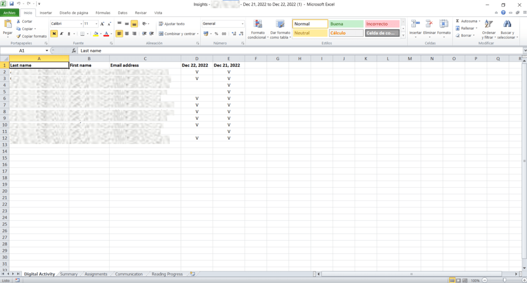 Captura exportar a excel Insights